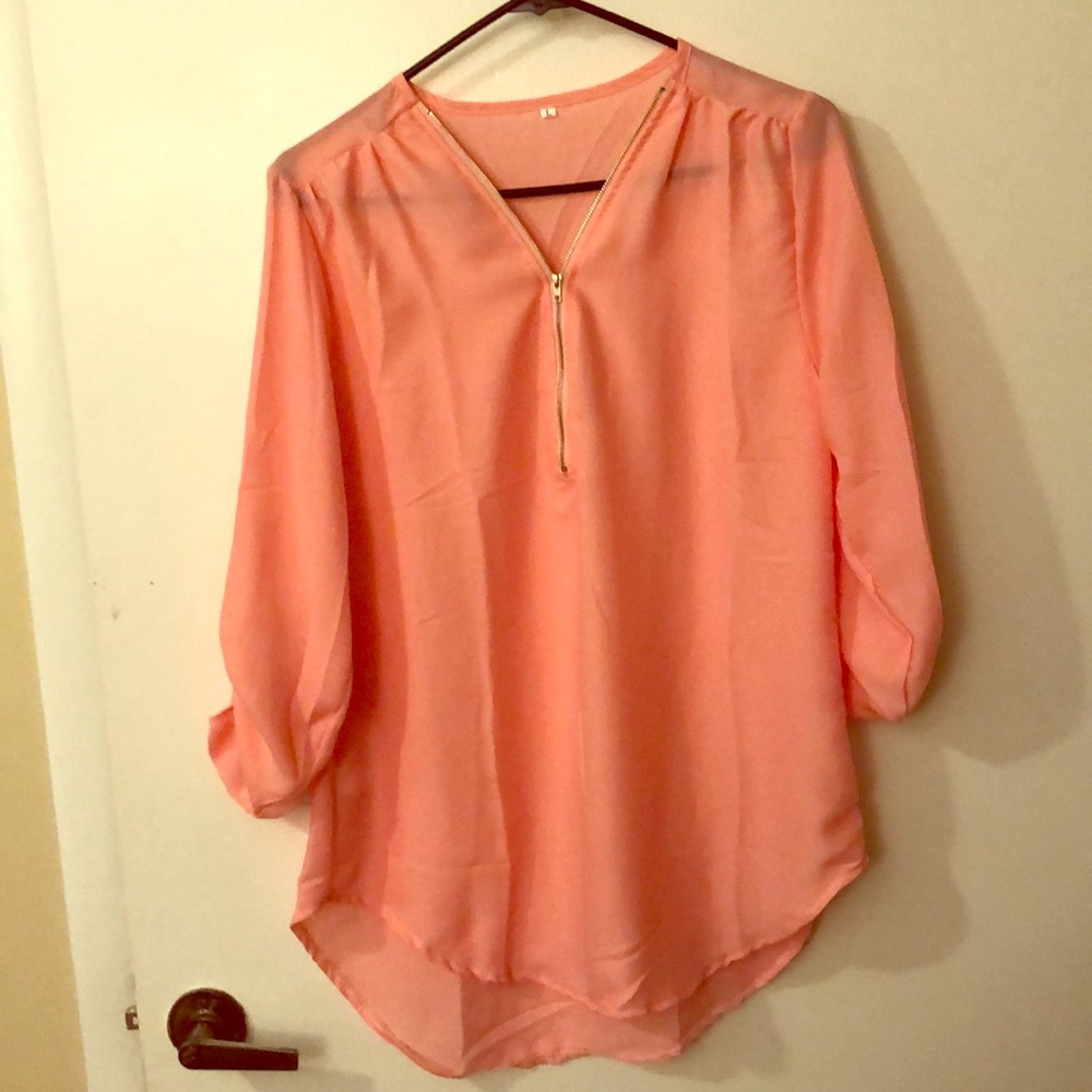 Pink blouse w/functional zipper & sleeve button L